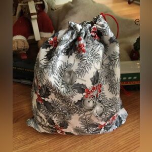 Festive Drawstring Bag with Holly and Bells